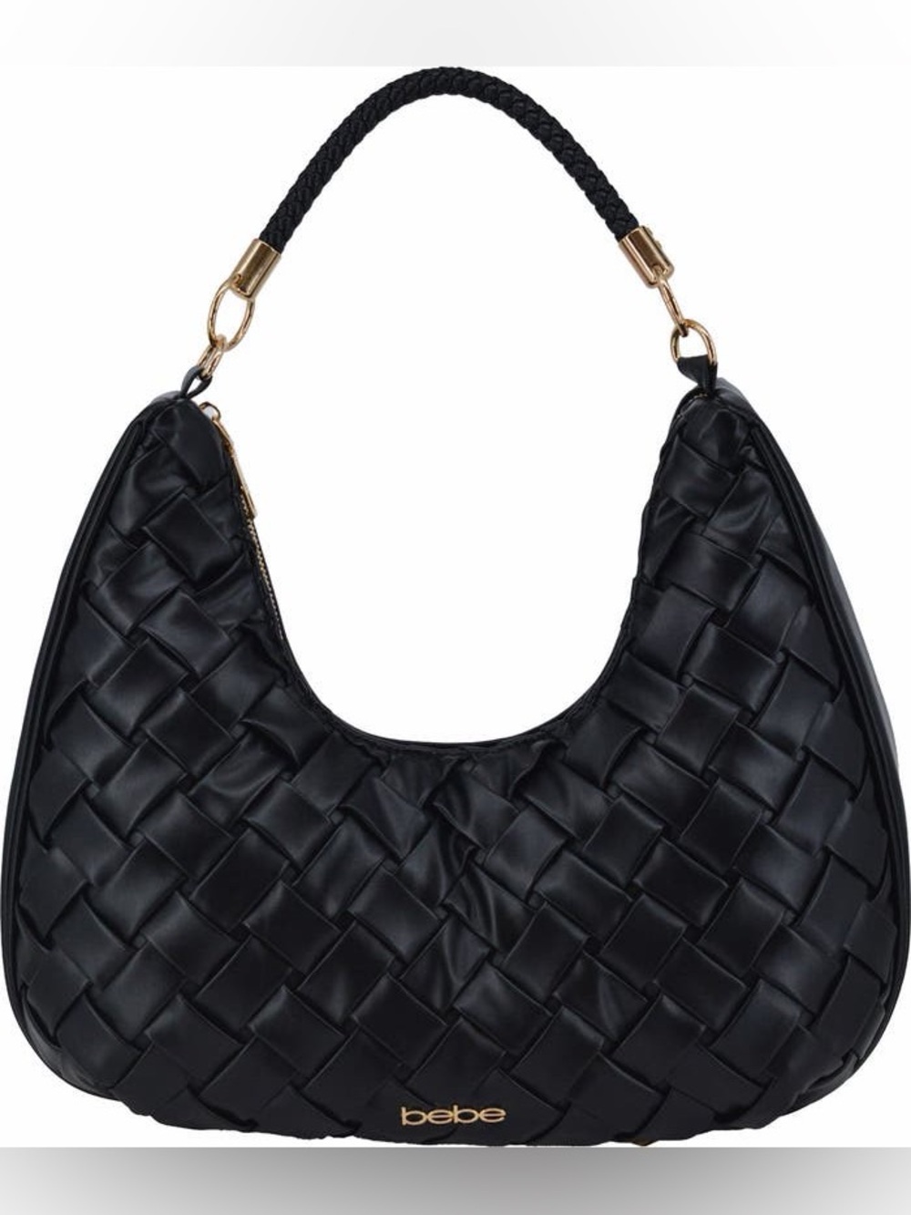 BeBe Luca Woven Vegan Leather Large Hobo Shoulder Bag Black Gold Hardware